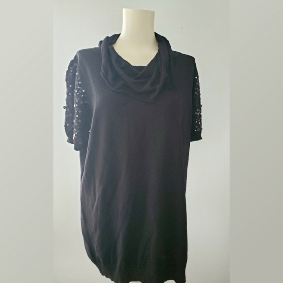 Iman Black Tunic Sweater Short Sleeve Cowl Neck - Picture 1 of 5